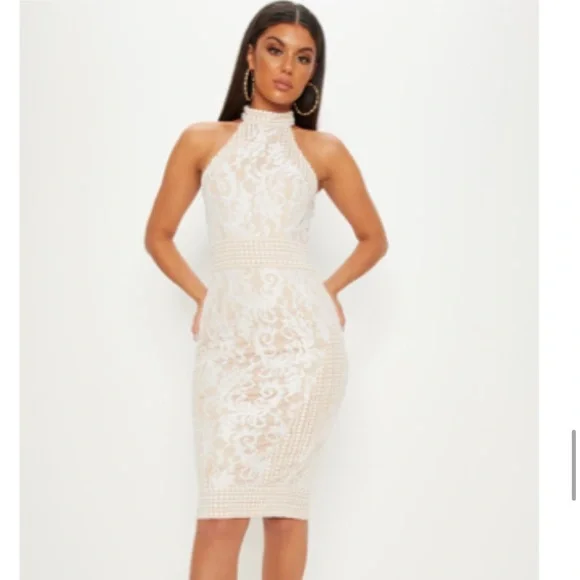 PrettyLittleThing White Lace Crochet High Neck Midi Dress